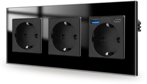 JIMEIDA 3 Fach Steckdose Glas mit USB 20W Schwarz Unterputz,16Amp Steckdosen mit USB A und Type C,228 * 86mm,250V