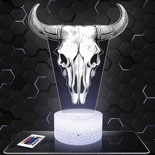 Nachttischlampe Stierschädel Dekoration Sammlung Bullenschädel Tier Tierskelett Kopf Kuh Rodeo Stierkampf Rind Horn Geschenkidee Mann Frau Objekt Stierschädel Nachtlicht Erwachsene Deko Schlafzimmer
