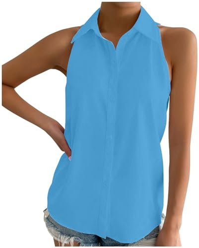 Blusentops Damen Ärmellos Leinen - Longtop Damen Sommer - Krawatte Button Shirt Ärmellos Basic Casual Farbe Sommer Shirt Top Oberteile Sexy Ärmellose Tshirts Racerback Rundhals Top