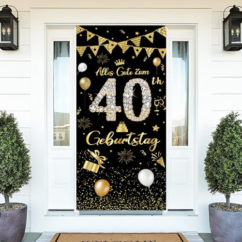 Deko 40. Geburtstag Banner Männer Frauen,40 Geburtstag Deko,Alles Gute zum Geburtstag Banner 40 Geburtstag,Lange Größe Schwarzes Gold 40 Geburtstag Party Deko Für Frau und mann 185 × 90 cm