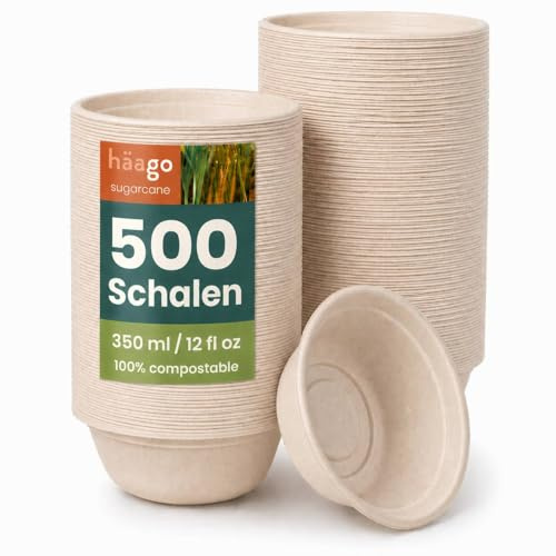 HAAGO 500 Biodegradable Sugarcane Bagasse Bowls, 350ml - Natural Colour Strong Paper Bowls - Leak-Resistant, Compostable & Disposable Eco Party Bowl for Soup & Dessert, Hot & Cold Food