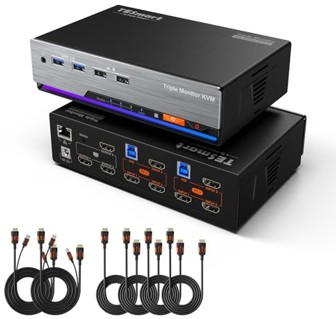 TESmart 8K 60Hz DisplayPort KVM Switch 2 PC 3 Monitor, USB 3.0 EDID KVM Umschalter Docking Station für Desktop und Laptop, Gigabit Netzwerk, 4K@144HZ, Custom Hotkey Switch, DP1.4, Inkl aller PC Kabel