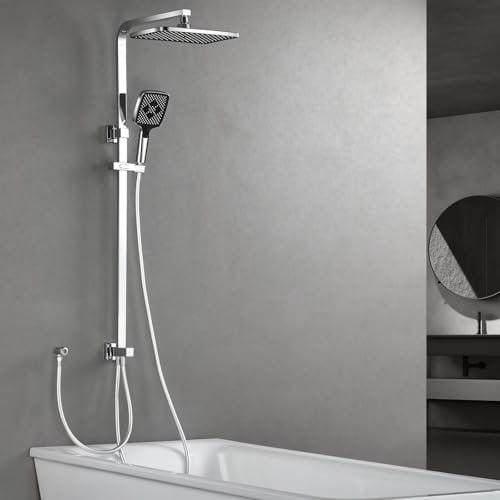 SonTiy Duschsystem Regendusche, Edelstahl Duschset ohne Armatur, Schwenkbare Quadratische Duschgarnitur mit Duschkopf Regendusche 20X30cm & 3 Strahlarten Handbrause, Messing Duschumsteller, Chrom