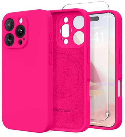 SuydanBox Magnetic for iPhone 16 Pro Case, Compatible with MagSafe, [Full Camera Protection][Screen Protector] Silicone Shockproof Protective Phone Case for iPhone 16 Pro 6.3, Hot Pink
