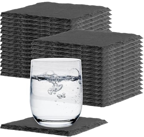HEIHAK Lot de 30 dessous de verre carrés noirs en ardoise de 10,2 cm avec coussinets de fixation inférieurs, dessous de verre polyvalents pour bar, cuisine, hôtel, restaurant