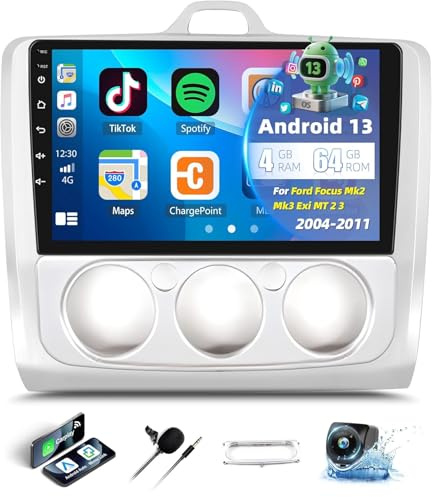 4GB+64GB Android 13 Car Stereo Ford Focus 2005-2011 with Wireless CarPlay Android Auto Car radio 9 IPS Touchscreen Radio with Bluetooth 5.0 32EQ GPS WiFi FM RDS SWC Mirror Link + HD Rear Camera