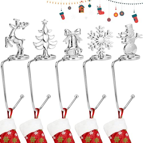 Yotako 5 Stück Weihnachtsstrumpfhalter, Kaminhaken, Aufhänger, Weihnachtsstrumpf-Clips, Schneeflocke, Rentier, Schneemann, Weihnachtsbaum, Glocken, 5 Stile für Weihnachtsfeier, Dekoration, Silber