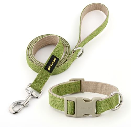 Plutus Pet Cotton Hemp Dog Collar and Leash Set, Adjustable Collar for Small, Medium, and Large Dogs, Heavy Duty and Soft on Skin, Green, S