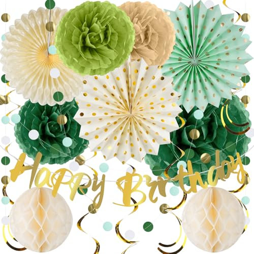 YSWOVUO Geburtstagsdeko Frauen Mann, Grün Deko Geburtstag Wiederverwendbar, Birthday Decorations Salbeigrün, Happy Birthday Girlande, Wimpelkette Geburtstag, Wabenbälle, Pompons Deko