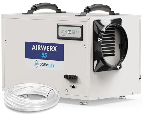 BaseAire Crawlspace Dehumidifier,113 Pints Commercial Dehumidifiers with Drain Hose for Whole House Basement, Industry, Compact, Auto Defrost, Memory Starting, Up to 1200 Sq Ft