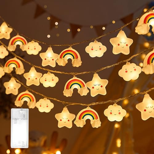 cailiya Stern Regenbogen Lichterkette,Lichterkette Kinderzimmer,3m,mit 20 LED Lichterkette,für Party Kinderzimmer Garten Hochzeits Zimmer Deko (Warmweiß (Sterne + Wolken + Regenbogen))