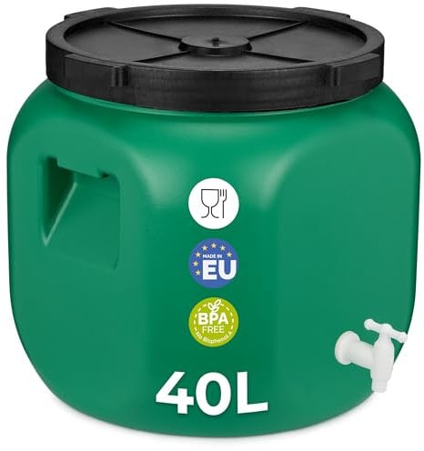 Garronda tanica di plastica da 40 litri a bocca larga con coperchio, in materiale privo di BPA, bidone plastica con rubinetto universale, serbatoio acqua per il giardino GD-0078, Verde