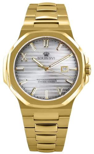 LOUIS XVI Renaissance 1603 - Ø 40 mm - Herren Uhr - Wasserdicht - Uhr mit Saphirglas - Armband Gold - Zifferblatt Silber - Schweizer Quarzwerk