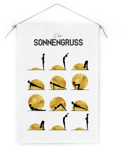 GREENWR Yoga Übungen Wandbehang Stoff Poster - Sonnengruß Chakra Grußformel Trost Tapisserie Wandteppich mit Holz Aufhängestange Lanyard und Haken - SONNENGRUSS Namaste Posterschiene 50x35cm (C)
