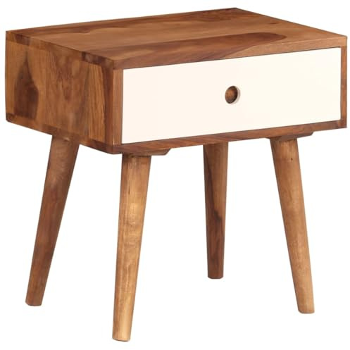 Qnhdfrt Nachttisch Massivholz Akazie mit Schublade 45x30x45 cm Braun Weiß Moderner Nachtschrank für Schlafzimmer