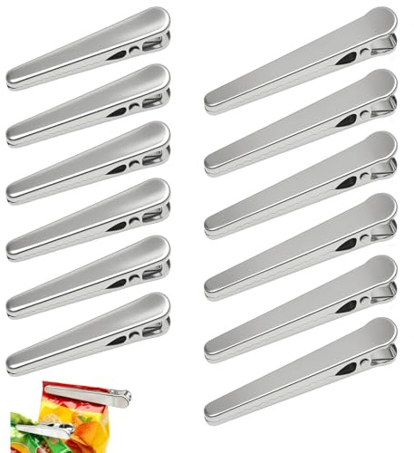 12 Piezas Clips para Bolsas, Pinzas Metálicas, Pinzas de Cierre 6 Grandes & 6 Pequeñas Clips de Alimentos Acero Inoxidable, Pinzas Reutilizables, Cierre de Bolsas para Cocina, Café, Pan, Camping