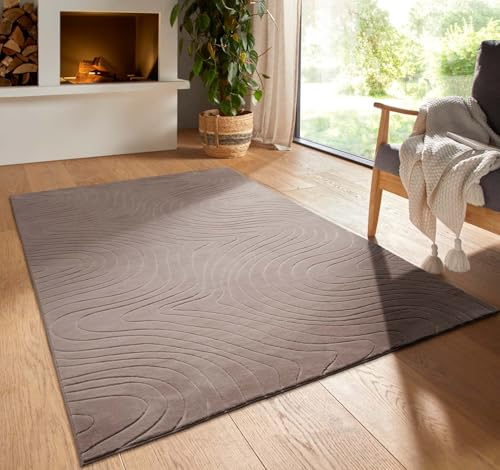 Kurzflor Boho Vintage Teppich waschbar, pflegeleicht geeignet für Wohnzimmer, Schlafzimmer und Kinderzimmer Kinderteppich auch als Badematte Badzimmerteppich Taupe abstrakte Wellen 120 cm rund