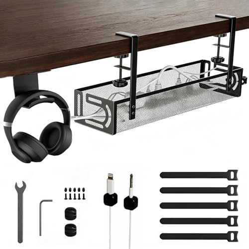 Cable management under the desk, Cable tray without drilling, Metal mesh storage box, Desk organizer for cables for home, Office, Internet cafes, Kitchens, etc.(Includes headphone holder)