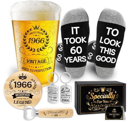 Epaing 1966 60th Birthday Gifts for Men Beer Glass Set, 60th Birthday 500ml Beer Glass Gifts for Men, Vintage Pint Glasses and Socks Gift in Box, with Personalised Keyring Bottle Opener Coaster Card