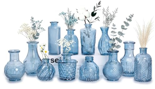 Dekorative Glasvasen Set, Bernstein, 12 Stück, Vintage-Stil mit Strukturmuster, für Blumen und Heimdekoration (Blau, 12 Stück)