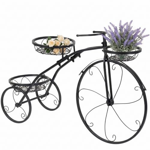 diceevil Fahrrad-Pflanzenständer Metall mit 3 Körben, Retro Schwarz | Rostbeständig, Einfache Montage, Vintage Dreirad Design, Wetterfest, Dekor für Garten, Terrasse, Balkon und Eingangsbereich