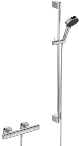 Ideal Standard Ceratherm T25 N Duscharmatur Paket, Wassersparende Eco Brause mit variablen Strahlarten, inklusive Brausethermostat mit Verbrühschutz und Duschstange (900 mm) – Chrom