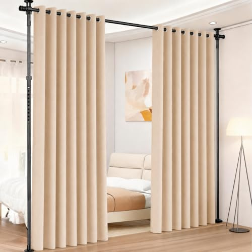 Raumteiler ohne Bohren, verstellbare Gardinenstange als Paraventgestell, freistehender Raumtrenner ohne Vorhang, B 70-177 cm x H 122-305 cm, Sichtschutz für Wohnzimmer, Schlafzimmer, Büro, Schwarz