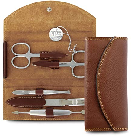 nippes Solingen Classic Premium-Maniküre Set, 5-teilig, Echtes Rindsleder-Nageletui, braun, Edelstahl nickel- & rostfrei, Nagelpflege Set, Made in Solingen/Germany