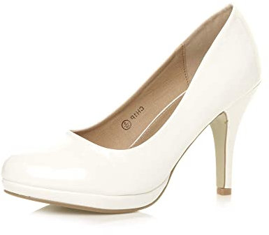 Ajvani Womens Ladies mid high Heel Mary Jane Strap Evening Court Shoes Pumps, 5 UK, White Patent