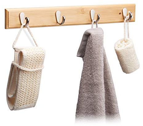 Relaxdays Bamboo Wall Hook Bar, Natural Grain, Metal Hooks, Hallway Coat Rack, Towel Holder, 4 Hooks, HWD: 6x48.5x5cm, Natural