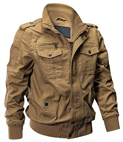 EKLENTSON Bomber Jacket for Men Military Fall Lightweight Windbreaker Flying Cargo Jacket Khaki M