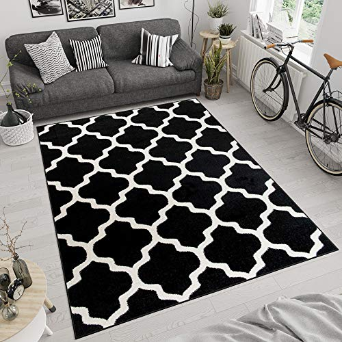TAPISO MAROKO Teppich Modern Kurzflor Designer Geometrisch Marokkanisch Gitter Muster Schwarz Creme Wohnzimmer ÖKOTEX 120 x 170 cm