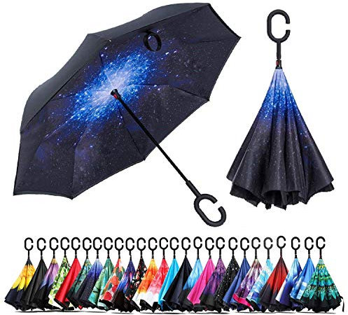 NNY Inc Parapluie double face coupe-vent et protecteur contre les UV - Pliable - Parapluie droit inversé pour hommes et femmes - Autoportant - Poignée en forme de C - pour golf/voitures (galaxie)