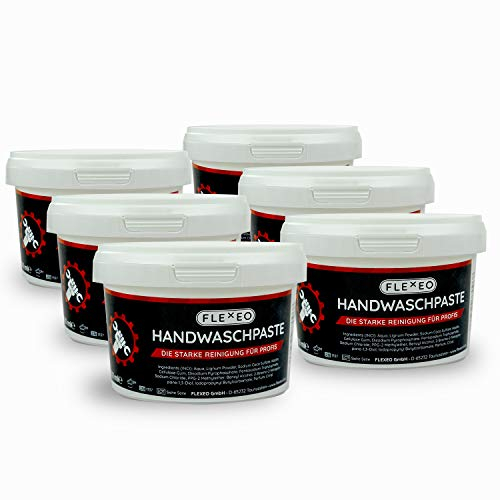 FLEXEO Handwaschpaste 6x - Der Handreiniger für Profis gegen starke Verschmutzungen wie Öl, Fett, Ruß - Handreinigungspaste in 500 ml Dose - Waschpaste/Händereiniger/Seife/Werkstatt/KFZ