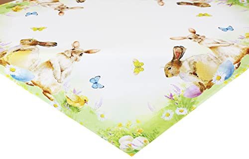 KAMACA Tischdecke Frühling Ostern Blumen Hasen Dekor Osterhasen Ostereier Bunt Waschbar Küche Esstisch Tisch Dekoration (85x85cm Verspielte Hasen)