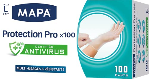 MAPA - Guantes Protection Pro x 100 - Guantes finos de vinilo sin polvo y sin látex - Reciclables con TerraCycle - Certificados Antivirus - 1 caja de 100 guantes - Talla L