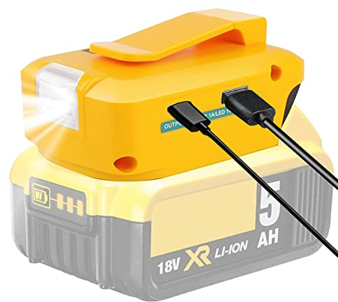 Battery Adapter for Dewalt 14.4V/18V/20V Lithium Ion Battery, TEPULAS Phone Charger Adapter with USB Type C & DC Port & LED Work Light, USB Power Supply Source for Dewalt DCB091