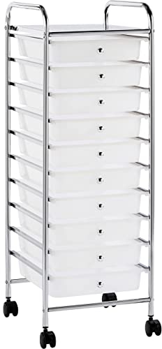 Yaheetech 10 Drawers Plastic Storage Cart, Multipurpose Mobile Organizer Unit with 4 Lockable Wheels, Utility Rolling Trolley for Home Office School Salon & Beauty, White