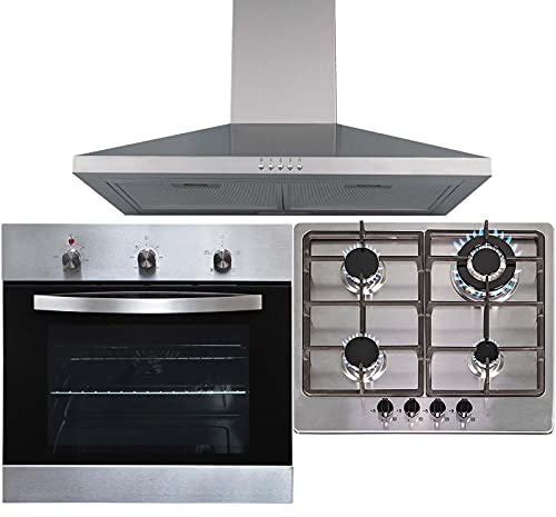 SIA SO113SS 60cm Stainless Steel Electric Single Fan Oven, SSG601SS 4 Burner Gas Hob With Cast Iron Pan Stands & CHL60SS Pyramid Chimney Cooker Hood
