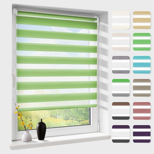 Doppelrollo klemmfix ohne Bohren, Duo Rollos für Fenster & Tür mit Bohren, Version 2026 Grün B80 x H120cm (Stoffbreite 80 cm), Fensterrollo lichtdurchlässig & verdunkelnd, Klemmrollo Sonnenschutz