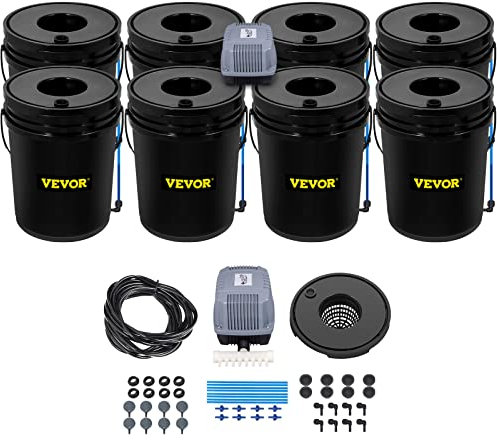 VEVOR DWC Sistema de Cultivo Hidropónico, Kit de Cultivo de Agua Profunda de 20 L y 8 Cubos, con Bomba de Aire, Piedras de Aire, Dispositivo de Nivel de Agua, Sistema Hidropónico DWC para Vegetales