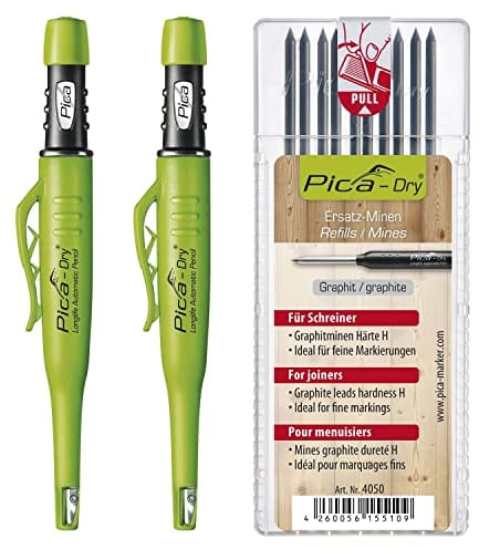 Pica Dry Set - 2x Pica Stift automatisch mit 10x Pica Dry Minen H Graphit, unerlässlich für Hand- und Heimwerker, 3-teilig