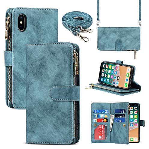 CAVOR Handykette Handyhülle kompatibel mit iPhone X/XS Hülle Mit Band,Flip Leder Geldbörse Hülle Mit Kette,[9 Kartenfach][Doppelte Schnalle],Umhängeband Klapphülle Handytasche - Hellblau