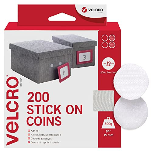 VELCRO Brand | Stick On Coins | Double Sided Hook & Loop Self Adhesive Sticky Coins Perfect for Room Décor & Home, Office, Garage Use | White | 19mm x 19mm | Pack of 200