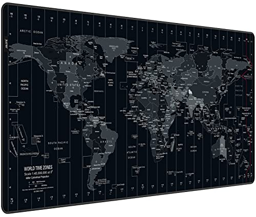 JIALONG Tappetino Mouse Grande Mouse Pad XXL Tappetino Scrivania (900x400mm) Confortevole, Lavabile, Base in Antiscivolo Personalizzato per Gaming, Ufficio, lavoro - Mappa del Mondo con Fuso Orario