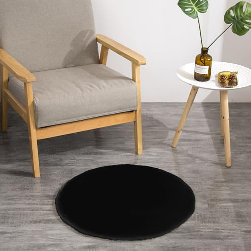 Kunst-Fell-Teppich Deko Sitzkissen | Flauschige Stuhlauflage für Schlafzimmer, Wohnzimmer oder Kinderzimmer | rutschfest und waschbar | Schwarz - Rund 45cm