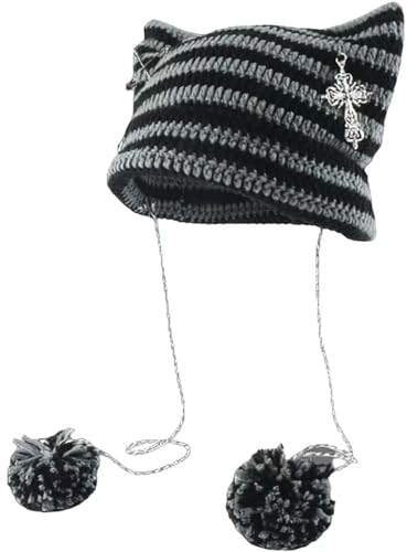 Grunge Beanies Häkelmützen für Damen und Mädchen, Fuchs, Katzenohren, Gothic, Emo, Alt, Y2K, Zubehör, Grunge-Kleidung (Einheitsgröße, Grau), GRAU, Einheitsgröße