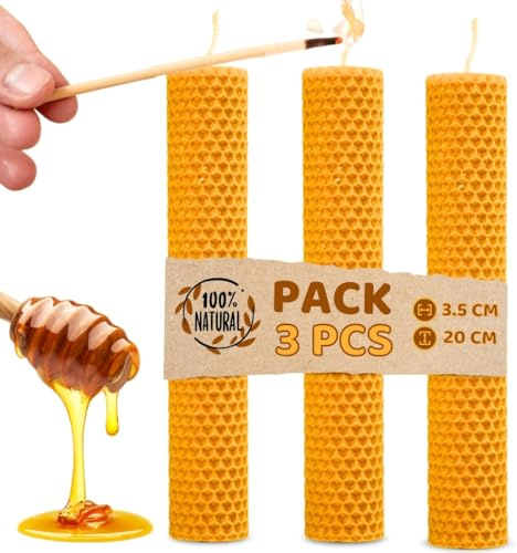 DECEVI Bienenwachskerzen Honigwabe – 3 Stück – 100% Natürliches spanisches Bienenwachs – Handgefertigt & Ohne Paraffin – Nachhaltige Kerzen für Zuhause (3 Stück, 20 cm x 3,5 cm)
