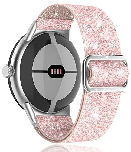 Pixel Uhrenarmband, glänzend, dehnbar, Nylon, kompatibel mit Google Pixel Watch, verstellbar, elastisch, geflochten, Sport, Solo-Loop, Ersatz für Google Watch, Damen und Herren (Rosa)