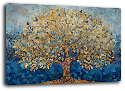 Quadro Moderno soggiorno ALBERO della VITA Astratto BLU oro Quadri moderni da Parete XXL grande Stampa su tela Canvas Decorazione Murale muro Arredo Camera da letto Salone (70x100 cm, 1)